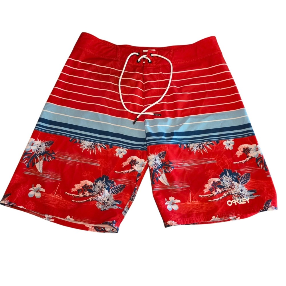 Oakley Mens‎ Red Floral Stripe Wave Board Shorts Swim Trunks Retro Size 33 NWOT